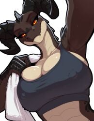 ai_generated fallout deathclaw reptile scalie anthro black_sclera bra breasts brown_body brown_scales clothing erect_nipples female gym_clothing horn looking_at_viewer nipples non-mammal_breasts non-mammal_nipples orange_eyes scales selfie simple_background solo sports_bra underwear ventral_scales white_background