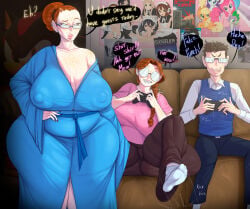 1boy 2026 2girls adych agatha_(adych) areolae areolae_visible_through_clothing ass big_ass big_breasts breasts brown_hair bubble_butt cellulite child_bearing_hips chubby chubby_female dat_ass daughter dialogue dumptruck_ass earrings fat_ass female freckles glasses hand_on_hip huge_ass huge_breasts hyper_breasts imminent_sex looking_away looking_pleasured lucas_(adych) male milf mommy mother mother_and_daughter nerd nipple_bulge nipples nipples_visible_through_clothing oc orange_hair original original_character piercings playing_videogame robe robe_only sally_(adych) text thick_thighs thunder_thighs yellow_eyes