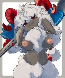 2024 2_horns anthro anthrofied biped bovid breasts caprine cutlery digital_drawing_(artwork) digital_media_(artwork) ear_piercing ear_ring ears_down female front_view fur genitals grey_body grey_breasts grey_fur grey_wool horizontal_pupils horn japanese_description kitchen_utensils long_ears looking_at_viewer mammal multicolored_body multicolored_fur multicolored_wool nipples nude piercing pink_nipples pivoted_ears portrait pupils red_eyes red_horn ring_piercing scut_tail sheep short_tail smile smiling_at_viewer solo spoon tail thick_thighs three-quarter_portrait tools touhou two_tone_body two_tone_fur two_tone_wool vulva whis11 white_body white_fur white_wool wide_hips wool_(fur) yuuma_toutetsu