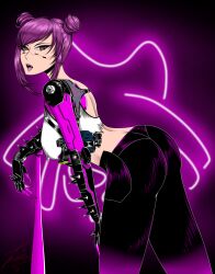 baseball_bat brown_eyes cybernetic_arm cybernetics cyberpunk_2077 cyborg fangs fully_clothed glowing_background hair_bun holstered_weapon leaning_forward purple_hair rita_wheeler sticking_out_tongue tank_top tight_pants tongue tongue_out