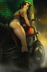 1girls arched_back big_butt black_lagoon butt female_only fit_female grin hips looking_at_viewer looking_back motorcycle muscular_female muscular_thighs nextoad pale-skinned_female pale_skin revy solo_female tattoo thick_thighs thighs