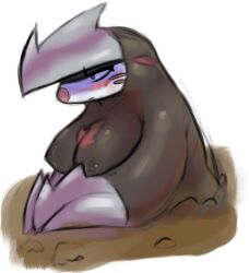 artesjsc big_breasts blush breasts brown_body claws digging excadrill female generation_5_pokemon mammal mole no_humans pokemon pokemon_bw red_markings simple_background tagme underground white_sclera