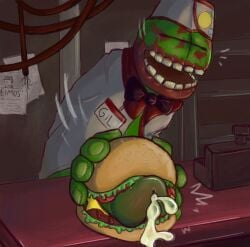 blood burger burger_fucking burger_gil_(madness_combat) cum cum_on_food food_penetration food_play green_skin madness:_project_nexus madness_combat zombie
