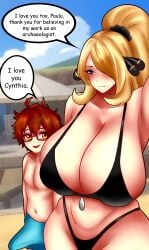 1girls 1boy milf age_difference oc chorquistudios pokemon cynthia_(pokemon) game_freak pokemon_bw pokemon_dppt blonde_hair bikini black_bikini grey_eyes brown_hair glasses size_difference erection erection_under_clothes boner boner_under_clothes mature_female mature_male beach selfie looking_pleasured looking_at_partner imminent_sex horny_female horny_male horny older_female_and_younger_male cute cute_male huge_breasts big_penis brown_eyes duo smile ponytail commission text text_bubble dialogue dialogue_bubble