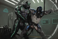 abs ankles_tied anthro areola balls bdsm bear beard biceps bodily_fluids bondage bound bulge clothed clothing digital_media_(artwork) duo english_text erection facial_hair fingers foreskin fur genital_fluids genitals goo_transformation hair hand_on_balls hand_on_penis hands_tied hi_res holding_balls humanoid_genitalia humanoid_penis inside knot knotted_penis laboratory latex leaking_precum liquid_latex machine male male/male mammal mask muscular muscular_anthro muscular_male navel nipples nude object_in_ass object_insertion orcfun partially_retracted_foreskin pecs penis precum precum_string pubes rhinoceros robot smile spread_legs spreading text topless transformation