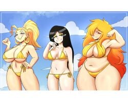danscarf nerd_and_jock_(webcomic) tiger_(nerd_and_jock) queen_(nerd_and_jock) olga_(nerd_and_jock) webcomic webcomic_character golden_bikini beach blonde_hair black_hair orange_hair 3females blue_eyes green_eyes red_eyes huge_breasts big_breasts big_ass big_thighs petite_body petite_female small_breasts small_chest golden_earrings makeup flustered freckles freckles_on_face freckles_on_breasts freckles_on_thighs belly belly_button strongfat arm_up shy angry_face