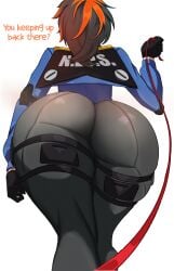 1girls 2d absurd_res ass ass_focus back back_view big_ass big_butt clothed clothing dominant_female english_text female female_focus female_only femdom hi_res hoyoverse huge_ass large_ass light-skinned_female light_skin low-angle_view mihoyo mihoyo_technology_(shanghai)_co._ltd. onepen policewoman solo text thick_thighs thighs white_background wide_hips zenless_zone_zero zhu_yuan