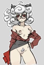 pantsu_ripper pandemonica_(helltaker) helltaker 1girls female female_only feet_out_of_frame bottomless pubic_hair pussy skirt skirt_lift clothing open_clothes open_shirt shirt breasts breasts_out small_breasts nipples white_hair horns demon demon_girl red_eyes glasses looking_at_viewer blush