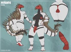 absurd_res anthro anus areola artist_name balls big_butt black_body blue_eyes breasts butt butt_shot character_name claws colored dinosaur disembodied_penis erection feet finger_claws fingers flaccid front_view genitals gynomorph hand_on_hip head_turned hi_res humanoid_hands intersex long_tail looking_at_viewer looking_back medium_breasts miragaia miranda_(mr.carno) model_sheet mr.carno nipples non-mammal_balls non-mammal_nipples nude_anthro nude_gynomorph ornithischian penile_spines penis plantigrade pose prehistoric_species presenting presenting_anus presenting_hindquarters rear_view red_body reptile scalie seductive shaded smile solo spiked_tail spikes spikes_(anatomy) standing stegosaurian tail text thick_thighs thyreophoran toes url watermark white_body