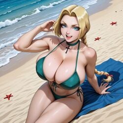 castlevania castlevania_legends sonia_belmont blonde_hair blonde_female parted_bangs braided_hair braid large_breasts bikini green_eyes green_bikini beach ai_generated smile pale_skin pale-skinned_female huge_breasts breasts