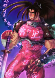 1boy 2021 abs absurd_res armor artist_name artist_signature bandai_namco bangs bara beefy biceps big_hands blade blush bodysuit breasts breasts_bigger_than_head brown_hair bulge bulge_through_clothing costume_switch crossover daddy dated dilf fingerless_gloves fully_clothed gauntlets gay genital_outline gloves glowing_markings grin haohmaru haoumaru hi_res hunk long_hair looking_at_viewer male male_breasts male_only manly mature_male mofnyan moobs muscles muscular muscular_arms muscular_legs muscular_male muscular_thighs ninja pecs purple_background runes samurai_shodown shoulder_armor six_pack snk solo soul_calibur standing taki_(cosplay) taki_(soulcalibur) thick_eyebrows tight_clothing tough_guy very_high_resolution very_long_hair weapon yaoi