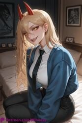 power_(chainsaw_man) chainsaw_man 1girl horns sharp_teeth teeth necktie solo red_horns pants looking_at_viewer shirt long_hair blonde_hair sitting smile jacket white_shirt hair_between_eyes collared_shirt black_pants cross-shaped_pupils blue_jacket yellow_eyes patreon_username black_necktie indoors breasts open_mouth symbol-shaped_pupils on_bed web_address artist_name belt pillow open_clothes blurry demon_horns blurry_background long_sleeves grin black_belt shirt_tucked_in bed open_jacket clock twitter_username blush patreon_logo watermark subtitled demon_girl eyelashes large_breasts hands_in_pockets medium_breasts police mionety ai_generated