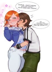 1girl1boy ben_10 ben_tennyson ben_tennyson_(classic) cousins dai_yuurei dialogue erection_under_clothes fully_clothed gwen_tennyson gwen_tennyson_(classic) hand_in_pants implied_incest