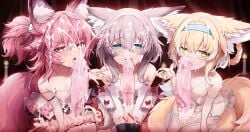 3girls absurd_res animal_ears arknights blonde_hair blue_eyes blurred_background blush breasts bukkake candle cat_ears catgirl cum ddddecade disembodied_penis ejaculation female_focus garter_straps green_eyes grey_hair hair_ornament heart-shaped_pupils light-skinned_female light-skinned_male looking_at_viewer nekomimi nipples nipples_visible_through_clothing open_mouth penis pink_eyes pink_hair ponytail see-through_clothing shamare_(arknights) skirt sussurro_(arknights) suzuran_(arknights) tail young