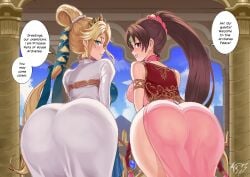 nyna_(fire_emblem) linde_(fire_emblem) ass ass_focus fire_emblem fire_emblem:_shadow_dragon_and_the_blade_of_light fire_emblem:_shadow_dragon fire_emblem:_mystery_of_the_emblem fire_emblem:_new_mystery_of_the_emblem fire_emblem:_archanea_saga blonde_hair brown_hair circlet tiara bubble_butt brown_eyes blue_eyes light_blue_hair commissioner_upload commission revolverwingstudios fat_ass palace castle sky blue_sky pillar gate 2girls back_view sideboob long_hair hair_ornament neck_ribbon bow presenting presenting_ass hair_tie city_background ponytail hair_tied thick_butt hi_res highres high_resolution very_long_hair princess royalty thick_thighs thick_ass sticking_ass_out bent_over female huge_ass large_breasts multiple_girls magic_user white_dress pink_robe pink_dress imminent_sex ass_visible_through_clothes clothed partially_clothed partially_nude partially_naked text text_bubble dialogue exposed_shoulders