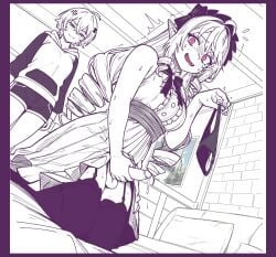 2girls ahoge angry belle_(zenless_zone_zero) black_panties blush bow bowtie breasts caffichai crossed_bangs cum cumdrip cumdrip_from_penis drill_hair drill_sidelocks dutch_angle erection frills futanari gem hair_between_eyes hair_ornament hairband halftone halftone_outline highres holding jacket jewelry letter_hair_ornament long_hair masturbation mole mole_under_eye multiple_girls open_mouth outline panties pointy_ears purple_bow purple_bowtie purple_gem purple_hairband red_eyes shirt short_hair sidelocks surprised underwear vivian_banshee zenless_zone_zero
