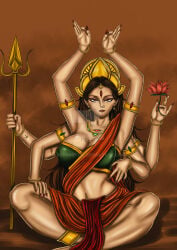 4arms black_hair bossart333 curvy_figure durga durga_(hindu_goddess) ears_pierced female garland goddess half_naked hands_on_thigs hands_up handwear hindu_goddess hindu_mythology hinduism huge_ass huge_breasts huge_butt immortal_zodd legwear long_hair lotus_(flower) nose_piercing ornaments sexy_pose trident