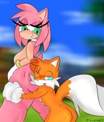 amy_rose anthro big_ass big_breasts big_butt canid canine castinly eulipotyphlan femboy fluffy fluffy_tail fox furry girly hedgehog hugging looking_at_viewer mammal mocking naked sonic_(series) sonic_the_hedgehog_(series) tails thick_ass thick_thighs thighs tongue_out young