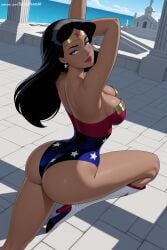 1girl ai_generated ass bare_shoulders black_hair blue_eyes breasts dark_skin dc dc_comics dcau diana_prince earrings hi_res high_heels high_quality high_resolution jewelry justice_league large_breasts leotard lips long_hair looking_at_viewer looking_back makeup patreon seductive sexy smile solo spicytoonai star_print strapless strapless_leotard superhero thighs uncensored watermark wonder_woman wonder_woman_(series)