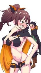 1boy 1girls big_breasts bikini_top_only busty cleavage clothes_lift cum_on_face dressing gokkun hotpants large_breasts legs midriff natsuki_subaru naughty_face navel ponytail re:zero_kara_hajimeru_isekai_seikatsu shaula_(re:zero) sideboob smile thighs voluptuous