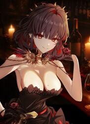 1girl arm_up armpit_crease bad_pixiv_id bare_arms bare_shoulders black_gloves black_hair breasts cleavage closed_mouth dress flower gloves highres large_breasts looking_at_viewer mole mole_on_breast mole_under_eye multicolored_hair red_eyes red_flower red_rose red_rose_(silver_palace) rose saint_laurent_paris silver_palace smile solo strapless strapless_dress undersized_breast_cup