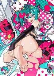 1girl aqua_eyes aqua_hair ass barefoot chibi choppy_bangs commentary detached_sleeves dotted_background english_commentary feet foot_focus from_behind hatsune_miku helmet highres logo long_hair looking_back open_mouth presenting_pussy pussy sidelocks soles solo speech_bubble stuffed_toy toes translation_request twintails very_long_hair vocaloid water yeougui