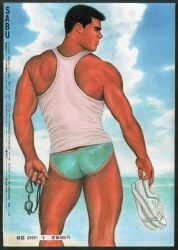 1986 1boy ass beach ben_kimura_(artist) black_hair butt_crack day gay japanese_text male male_only muscular original outdoors solo speedo tan_skin tank_top tanline text traditional_media translation_request white_tank_top yaoi