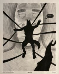 2026 5_fingers absurd_res anthro border canid canine charcoal_(artwork) dr_knot_(sharkinthepark) duo equid equine eyebrows fingers forced greyscale hi_res horse male mammal monochrome restrained sharkinthepark silhouette size_difference speech_bubble tail tentacles traditional_media_(artwork) undressed