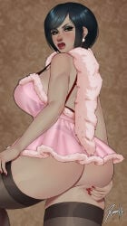 1girls capcom resident_evil xinaelle ada_wong mature mature_female mature_woman milf black_hair hair short_hair earrings ear_piercing black_eyeshadow eyeshadow brown_eyes thick_lips lips big_lips parted_lips red_bra bra topwear red_nails red_nail_polish nails nail_polish huge_ass big_ass ass hand_on_ass ass_support thick_thighs thighs thighhighs black_thighhighs legwear solo solo_female female female_only alternate_version_available babydoll babydoll_lingerie lingerie neckwear black_panties panties