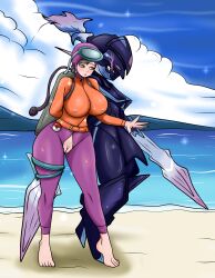 1girls barefoot beach ceruledge feet juliana_(pokemon) pokemon pokemon_sv scuba scuba_gear toes