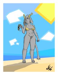 2026 4_toes 5_fingers absurd_res anthro antlers bangs beach bikini bikini_top biped blue_eyes bottomless breasts cel_shading claws clothed clothed_anthro clothing cloud colored dated diamond_pupils digital_media_(artwork) digitigrade english_description eyewear feet female fingers floppy_ears full-length_portrait genitals geometric_background gold_bikini golden_week grey_body grey_nose grey_pubes hair hi_res holding_object horn jackalope just_w lagomorph long_bangs looking_aside looking_away lop_ears mammal midriff navel paws portrait pseudoregalia pubes pupils resting_bitch_face shaded side_bangs signature simple_background solo standing sunglasses swimwear sybil_(pseudoregalia) tail three-quarter_view toe_claws toes topwear tuft two-piece_swimsuit unusual_pupils vulva white_pupils white_sclera