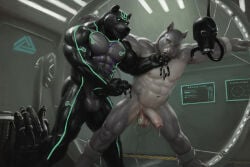 abs animal_genitalia animal_penis ankles_tied anthro areola balls bdsm bear beard biceps bodily_fluids bondage bound bulge canine_genitalia canine_penis clothed clothing cum cum_string digital_media_(artwork) duo ejaculation electrode electrode_on_balls electrostimulation english_text erection facial_hair finger_in_mouth fingers foreskin fur genital_fluids genitals hair hand_on_penis hands_tied hi_res humanoid_genitalia humanoid_penis inside knot laboratory latex liquid_latex machine male male/male mammal mask masturbation muscular muscular_anthro muscular_male navel nipples nude orcfun partially_retracted_foreskin pecs penile penile_masturbation penis pubes rhinoceros robot smile spread_legs spreading text topless unusual_bodily_fluids unusual_cum unusual_genital_fluids