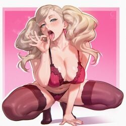 1girl absurdres alternate_costume animal_ears ann_takamaki blonde_hair blue_eyes blush bra breasts brown_thighhighs feet fellatio_gesture female highres large_breasts lingerie long_hair looking_at_viewer navel open_mouth oral_invitation panties persona persona_5 pink_background purple_bra purple_panties saliva scarf solo spread_legs squatting taking_picture thighhighs thighs tongue_out twintails underwear windmill_(artist)
