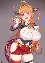 1girl absurdres black_jacket blush breasts cleavage commentary_request dildo dragon_girl dragon_horns dragon_tail fellatio_gesture gozaru grey_background highres hololive horns jacket kiryu_coco large_breasts object_insertion orange_hair panties pussy_juice sex_toy shirt simple_background solo tail underwear vaginal vaginal_object_insertion virtual_youtuber white_panties white_shirt