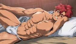1boy abs armpit_hair armpits arms_up balls_peek balls_under_clothes bangs beefy biceps big_areola bulge bulge_through_clothing collarbone flaccid fundoshi fundoshi_only futon gay genital_outline grin happy_trail head_on_arm hi_res inviting japanese_clothes leg_hair looking_at_viewer lying lying_on_bed lying_on_side male male_only manly mature_male muscles muscular muscular_arms muscular_legs muscular_male muscular_thighs musk musk_clouds navel navel_hair one_leg_raised original original_character peanuts4343 pecs pillow pubic_hair quadriceps red_eyes red_hair rokushaku_fundoshi seductive short_hair six_pack solo steamy_armpits topless veiny_arms white_fundoshi wooden_wall yaoi