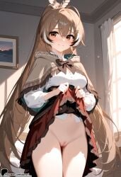 1girl ai_generated blush brown_hair clothes_lift curtains hair_ornament hololive hololive_english hololive_english_council hololive_english_promise indoors lifted_by_self long_hair looking_at_viewer nanashi_mumei no_panties pussy skirt skirt_lift smile solo sunori uncensored virtual_youtuber white_shirt window