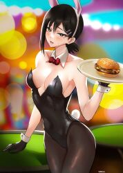 1girls asian asian_female black_eyes black_gloves black_hair blurry blurry_background blush blush_lines blushing bowtie breasts bunny_ears bunny_girl bunny_tail bunnysuit burger chainsaw_man clothed clothed_female eye_contact female female_only food fully_clothed gloves hair_between_eyes hair_clips hair_ornament hamburger higashiyama_kobeni leotard looking_at_viewer pantyhose solo solo_female standing thighs tommietomm