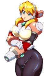 1girls alia big_breasts bimbo black_bodysuit blonde_hair blue_eyes bodysuit hand_cannon kotatuman_dash long_hair mega_man mega_man_x open_mouth robot_girl safe