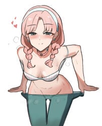 elysiium arknights blue_poison_(arknights) blue_poison_(shoal_beat)_(arknights) 1girls solo female female_only light-skinned_female light_skin pink_hair medium_hair braided_hair braids hairband earrings aqua_eyes smile :) smug smirk grin blush hearts narrowed_eyes looking_at_viewer solid_color_background bent_over leaning_forward bare_shoulders choker steaming_body sweat sweating sweaty sweatdrop hips thigh_gap bra topwear off_shoulder bra_strap_slip strap_slip cleavage pants leggings leggings_pull pants_pull lowering_pants undressing shaved_pussy hairless_pussy