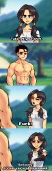 1boy 1girls black_hair blush blushing closed_eyes clothed comic dragon_ball dragon_ball_z english_text long_hair male muscular muscular_male nortuet oh_no_hes_hot outdoors pointing shirtless short_hair son_gohan text twintails videl