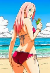 1girls accurate_art_style accurate_body_type ai_generated ass_focus back back_view bangle beach bikini bikini_bottom bikini_top blue_sky boruto:_naruto_next_generations bracelet breasts butt butt_crack cherry clothed clothing cloud cocktail cowboy_shot curvy curvy_figure day drink drinking_glass drinking_straw facial_mark female female_focus female_only food forehead_jewel forehead_mark from_behind fruit_humanoid full_color green_eyes grin hand_on_own_ass high_resolution highres holding holding_glass light-skinned_female light_skin line_art long_hair looking_at_viewer looking_back looking_back_at_viewer looking_over_shoulder manga_style masashi_kishimoto_style mature_female medium_ass medium_breasts milf naruto naruto_(series) naruto_shippuden ocean official_style orange_(fruit) outdoors parted_bangs parted_lips pink_hair red_bikini red_swimsuit sakura_haruno sand scenery seaside shiny_hair shiny_skin shore side-tie_bikini_bottom sideboob sky slender_waist smile soft_shading solo solo_focus standing string_bikini sweat sweatdrop swimsuit teeth teeth_showing thin_eyebrows three-quarter_view tropical_drink uchiha_sakura waifu water wet wet_body wet_skin wristwear