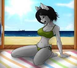 1girls aircraft_carrier beach beach_background beach_towel bikini black_eyes black_hair catgirl cooling_off fan glasses grey_fur helicopter lidded_eyes looking_at_viewer medium_breasts military ocean on_knees open_mouth outside porch resort sandwich-anomaly scars scars_all_over seductive seductive_look short_tail sunlight sunshine swimsuit thick_thighs vanessa_(sandwich-anomaly) whiskers