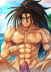 1boy 2021 abs absurd_res artist_name artist_signature bangs bara beard_stubble beefy biceps big_bulge big_penis bikini blush breasts breasts_bigger_than_head broad_shoulders brown_hair bulge bulge_through_clothing collarbone crossdressing daddy dated dilf eight_pack erection erection_under_clothes g-string gay genital_outline haohmaru haoumaru hi_res hunk leg_hair legs_apart long_hair looking_at_viewer male male_breasts male_only manly mature_male mofnyan moobs morning muscles muscular muscular_arms muscular_male muscular_neck navel no_nipples pecs penis practically_nude pulling_clothing revealing_clothes samurai_shodown sea seaside sitting six_pack skimpy sky snk solo tough_guy very_high_resolution very_long_hair yaoi