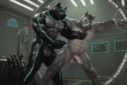 abs animal_genitalia animal_penis ankles_tied anthro areola arm_hair armpit_hair balls bdsm bear beard biceps bodily_fluids body_hair bondage bound bulge canine_genitalia canine_penis chest_hair clothed clothing cum cumshot digital_media_(artwork) duo ejaculation electrode electrode_on_balls electrostimulation english_text erection facial_hair fingers foreskin fur genital_fluids genitals hair hairy_legs hand_on_penis hands_tied hi_res humanoid_genitalia humanoid_penis inside knot laboratory latex machine male male/male mammal masturbation muscular muscular_anthro muscular_male navel nipples nude orcfun partially_retracted_foreskin pecs penile penile_masturbation penis pubes rhinoceros robot smile spread_legs spreading teeth text topless