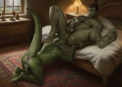 5_fingers 5_toes all_fours anal anthro anthro_rimming anthro_rimming_humanoid anus areola argonian balls bed body_hair butt chest_hair digital_media_(artwork) duo erection feet fingers furniture genitals green_body green_skin hair hi_res horn humanoid humanoid_feet humanoid_genitalia humanoid_on_anthro humanoid_penis humanoid_pointy_ears humanoid_rimmed lying male male/male male_rimmed male_rimming male_rimming_male microsoft muscular muscular_humanoid muscular_male nipples nude on_back on_bed open_mouth oral orc orcfun pecs penis plantigrade pointy_ears reptile rimming rimming_male scales scalie sex smile soles spread_legs spreading tail the_elder_scrolls toes tongue tongue_out tusks