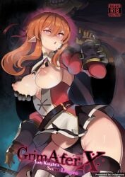 belt black_panties breast_grab breasts doujin_cover english_text fat_male gloves grabbing grabbing_breasts grabbing_from_behind heart-shaped_pupils hypnosis knight long_hair mind_control nipples onigensou orange_hair panties ponytail pussy_juice ribbon sword tongue ugly_bastard