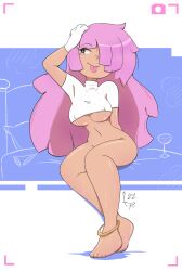1girls 2022 artist_name barefoot blue_eyes bottomless bottomless_female breasts commission crop_top eyebrows_visible_through_hair feet female female_only fernal-red fernal-scarlet fondly_aloe fondly_scarlet full_body gloves hair_over_one_eye human looking_away medium_breasts navel nipple_bulge original original_character pink_hair solo sorbet_(fernal-scarlet) thighs toes tongue tongue_out turtleneck underboob very_long_hair white_gloves