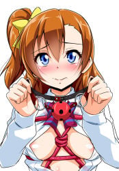 10s 1girl areola_slip ball_gag bdsm blue_eyes blush bondage bound bow breasts female_focus gag hair_bow highres kousaka_honoka looking_at_viewer love_live! love_live!_school_idol_project medium_breasts orange_hair rope school_uniform shibari short_hair side_ponytail simple_background solo ungagged upper_body white_background wiffle_gag yopparai_oni