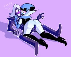 <3 ass blue_skin blush boots cowgirl_position deltarune female heart hearts high_heels legs_apart legs_spread no_anus purple_background purple_skin queen queen_(deltarune) rouxls_kaard tagme vaginal vaginal_penetration vaginal_sex video_games white_hair white_skin