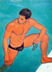 ben_kimura_(artist) male male_only gay yaoi original traditional_media muscular bulge speedo high-angle_view